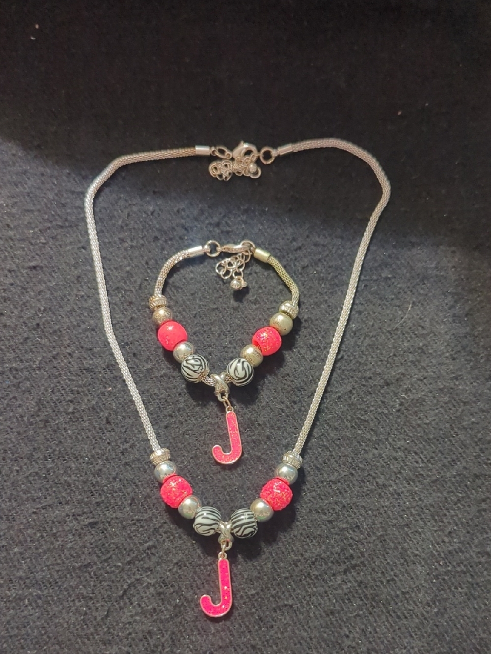 Silver Tone Pink Sparkle Initial 'J' Charm Beaded Necklace And Bracelet Set